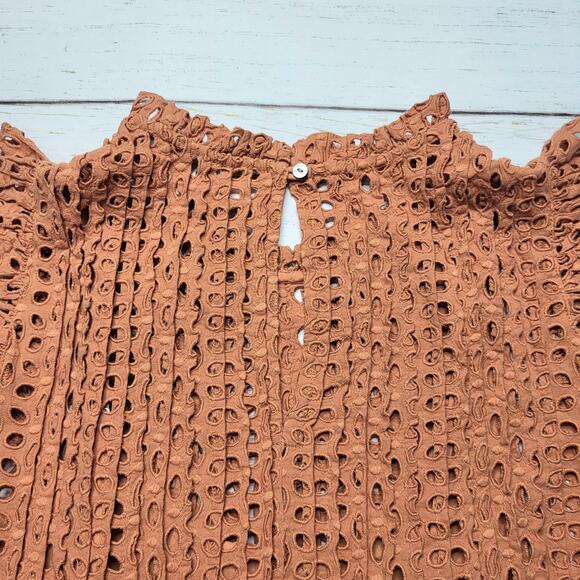 Madewell Eyelet Ruffle Sleeve Pintuck Mini Dress Mulled Cider Orange Layered XS - Picture 6 of 9